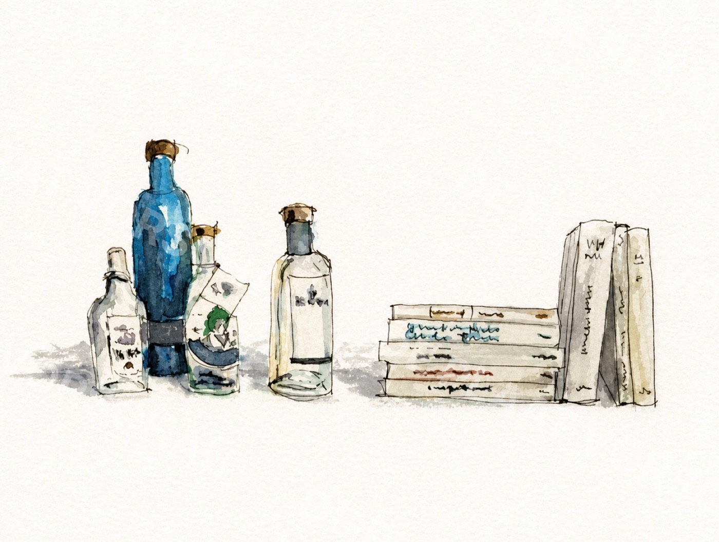 Aquarell mit Flaschen und Büchern