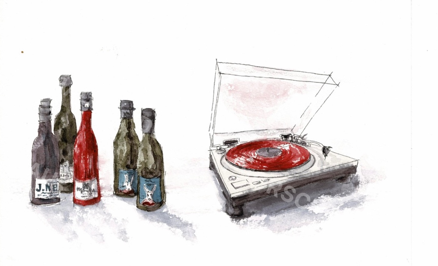Aquarell mit Weinflaschen, Plattenspieler und roter Schallplatte